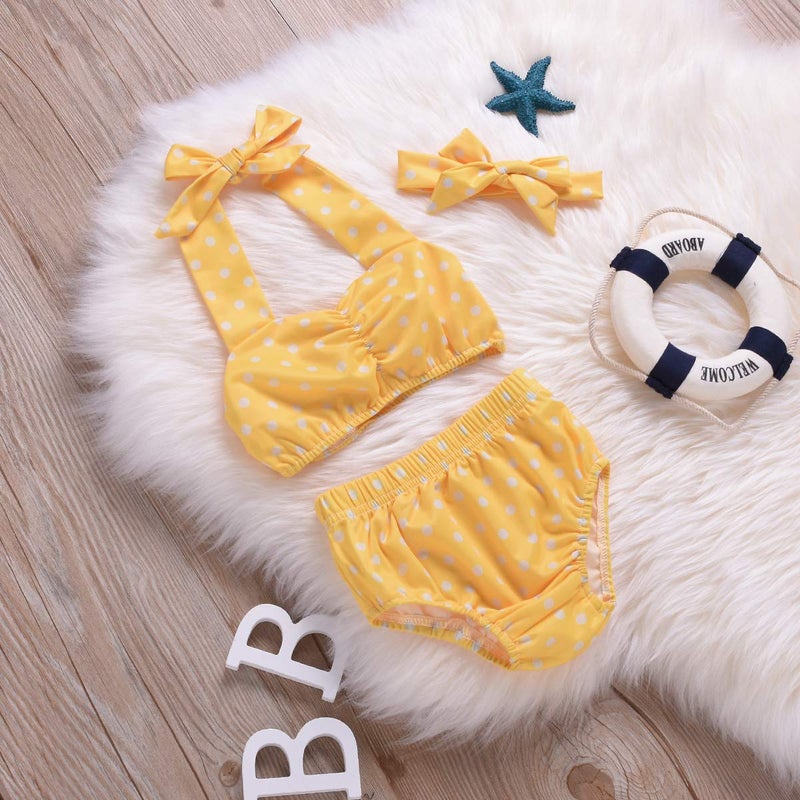 Aalizzwell Baby Girl Bikini,Kids Toddler Polka Dot Swimsuits Halter Swimwear Bikinis Set with Headband (Yellow, 3-6 Months) - Image 3
